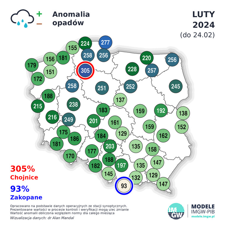 Anomalia opadów w Polsce do 24 lutego