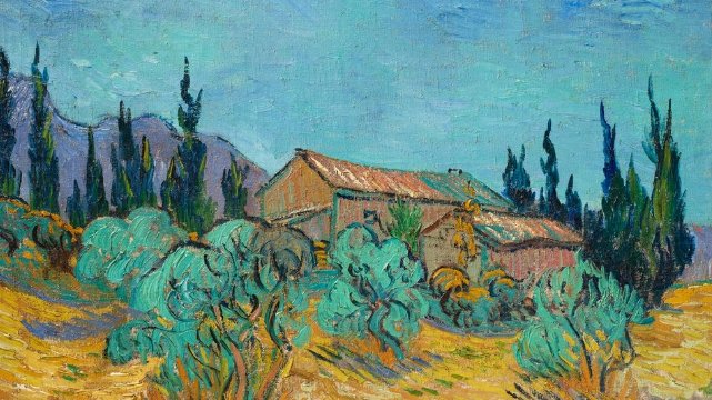  Vincent van Gogh "Drewniane domy wśród drzew oliwnych i cyprysów"