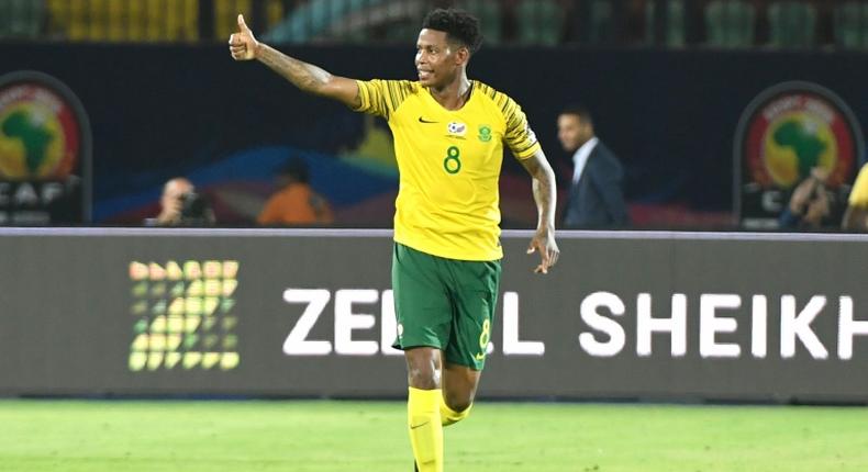 South Africa's midfielder Bongani Zungu celebrates after scoring during the 2019 Africa Cup of Nations (CAN) Group D football match between South Africa and Namibia at the Al Salam Stadium in the Egyptian capital Ciaro on June 28, 2019.