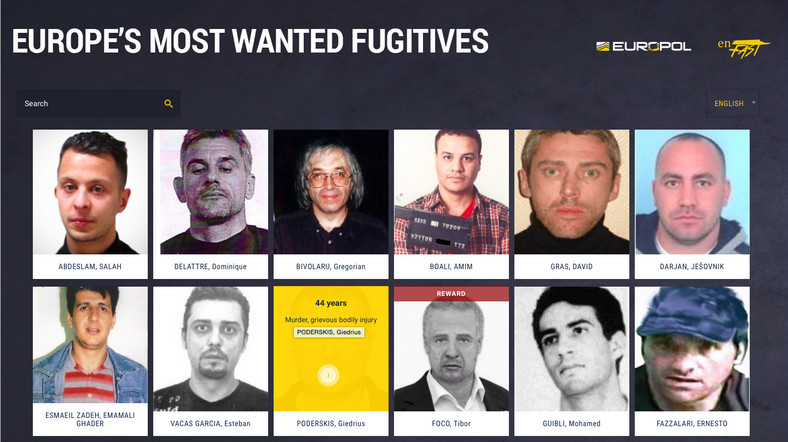 Strona z wykazem najbardziej poszukiwanych przestępców w Europie, fot. eumostwanted.eu