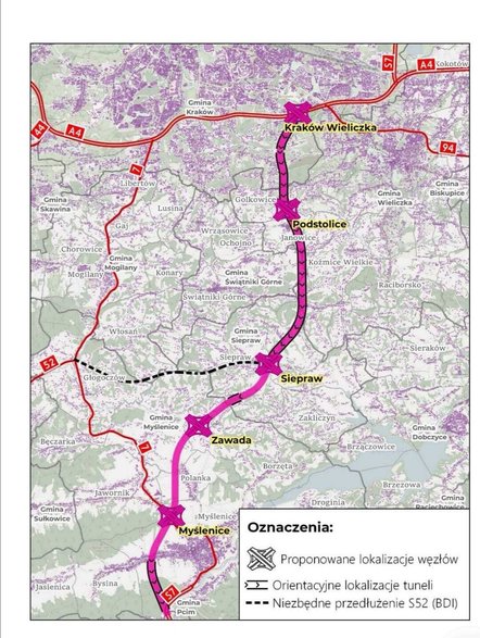 Wariant różowy S7 Kraków-Myślenice