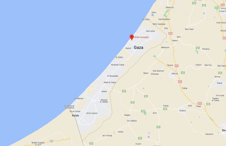 Mapa Pojasa Gaze sa označenim položajem bolnice Al Šifa