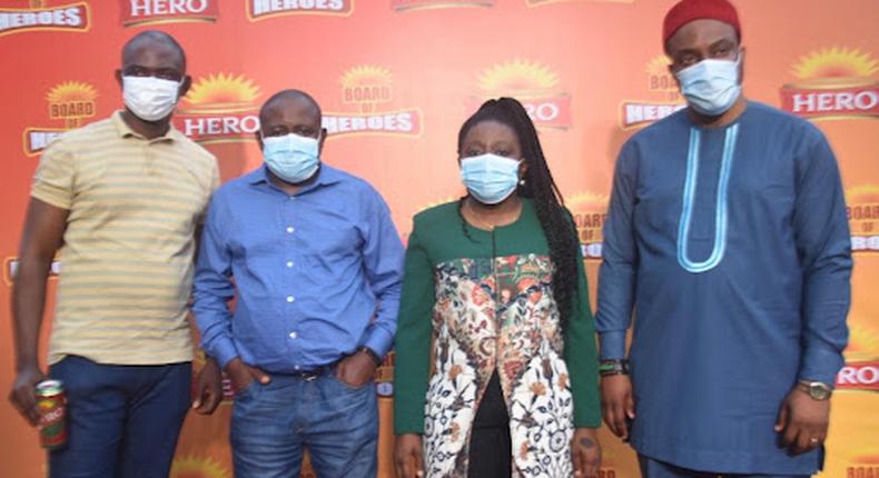 R – L: Onitsha Plant Manager, International Breweries Plc, Sylvester Ameke; Marketing Director, International Breweries Plc, Tolulope Adedeji; Head of Sales, International Breweries Plc, Sylvester Umemezie, and District Manager, International Breweries Plc, Chukwudi Ayogu at the unveiling of the first of its kind Board of Heroes by Hero Lager at the company's Onitsha Plant recently.