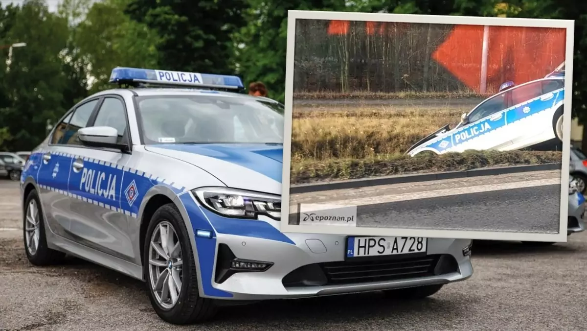 Policyjny radiowóz BMW w rowie w Poznaniu