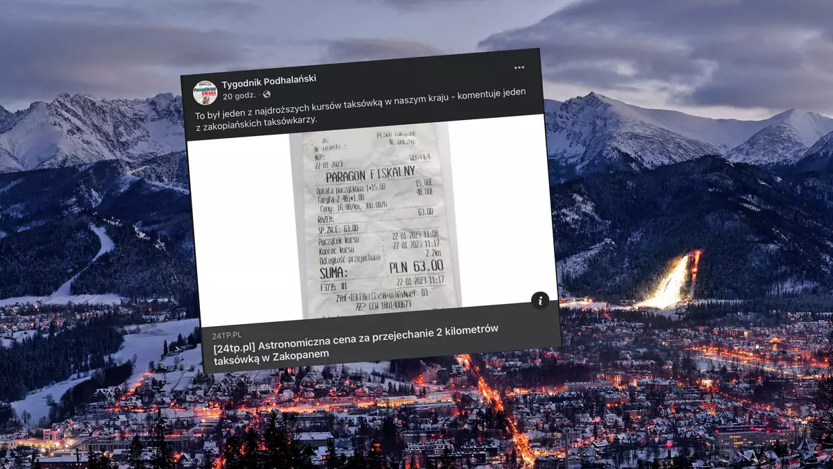 Jeden z zakopiańskich taksówkarzy,widząc paragon pokazany przez pasażera przyznał, że był to jeden z najdroższych kursów w Polsce (screen: Facebook/tygodnikpodhalanski)