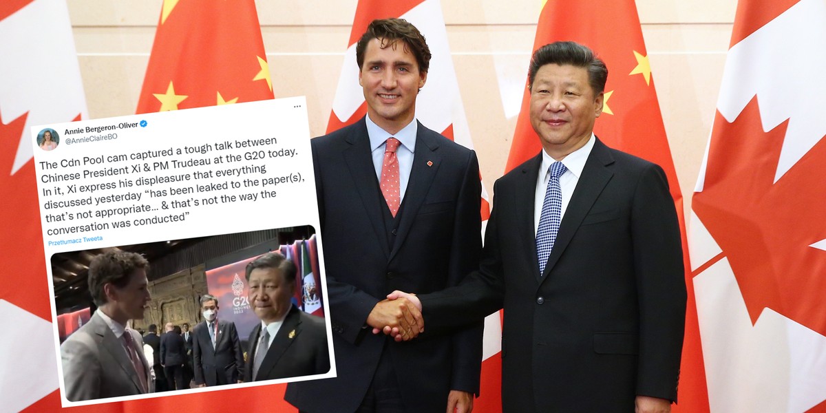 Justin Trudeau i Xi Jinping w 2016 r. oraz 2022 r. (screenshot/Twitter/@AnnieClaireBO)