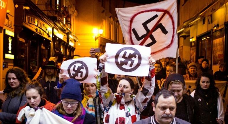 People take part in an anti-extreme right rally in Bratislava in 2016