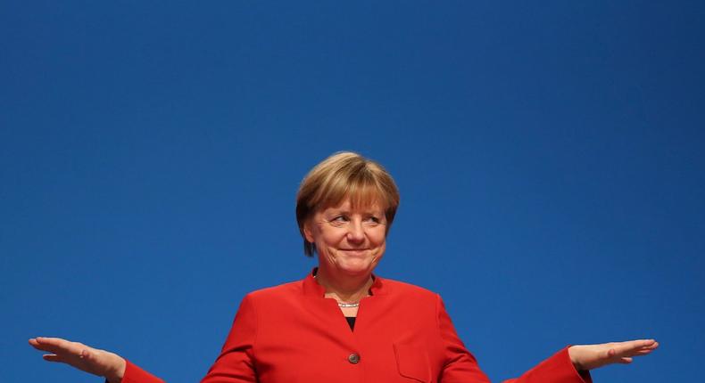 German Chancellor and leader of the conservative Christian Democratic Union party CDU Angela Merkel reacts after her speech at the CDU party convention in Essen, Germany, December 6, 2016.