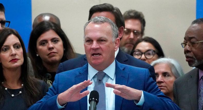 Florida Commissioner of Education Richard Corcoran speaks during a bill signing ceremony at the St. John the Apostle School in Hialeah, Florida, on May 11, 2021.