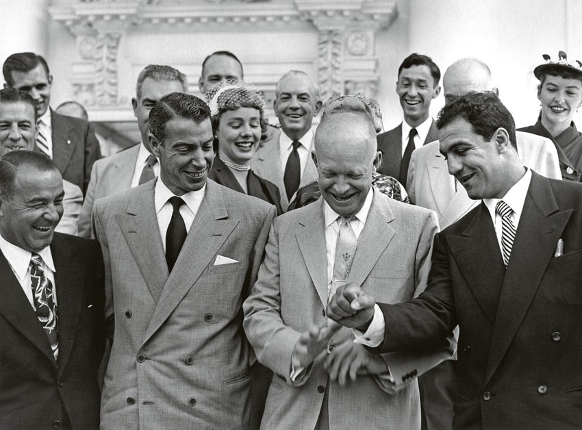 Predsednik SAD Dvajt Ajzenhauer, Džo Dimađio, legendarni bejzbol igrač, i Roki Marćano u junu 1953. godine na humanitarnoj bejzbol utakmici