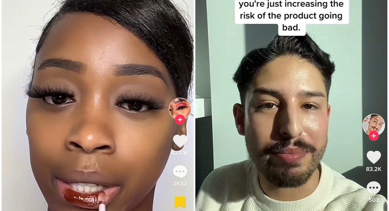 Cosmetic chemist Ramn Pagn (right) does not recommend making DIY makeup because of safety concerns.@shadesbuyslade/TikTok; @glowbyramon/TikTok