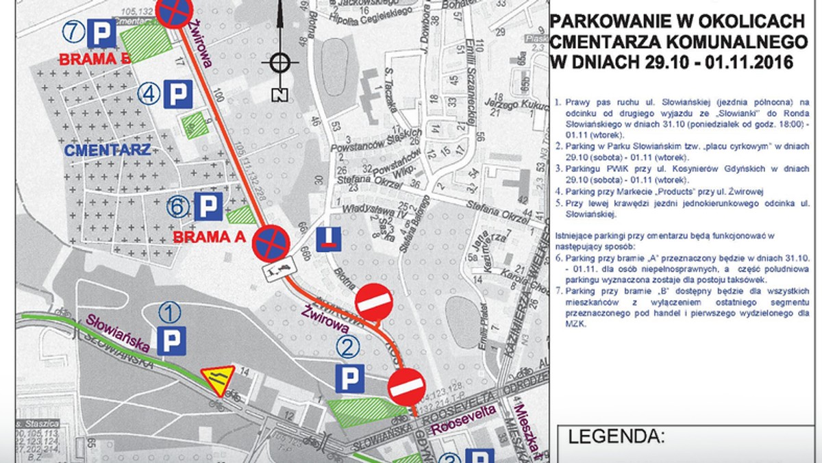 31 października i 1 listopada obowiązują zmiany w oznakowaniu ulic w Gorzowie Wlkp. Dotyczą one organizacji ruchu samochodów przy bramach cmentarza komunalnego, wzdłuż ulicy Żwirowej, Kosynierów Gdyńskich oraz na skrzyżowaniu ulic Kosynierów Gdyńskich - Roosevelta - Żwirowej. Zobacz też, gdzie podczas Wszystkich Świętych można będzie w okolicy cmentarza zaparkować.