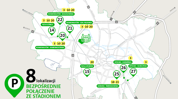 Mapka z park and ride z których wygodnie dojedziesz tramwajem na mecz