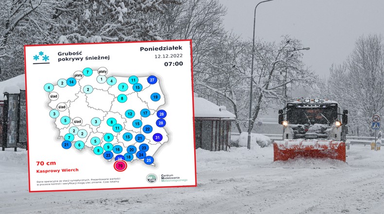 Tak grubej pokrywy śnieżnej w grudniu nie mieliśmy od bardzo dawna (mapa: IMGW)