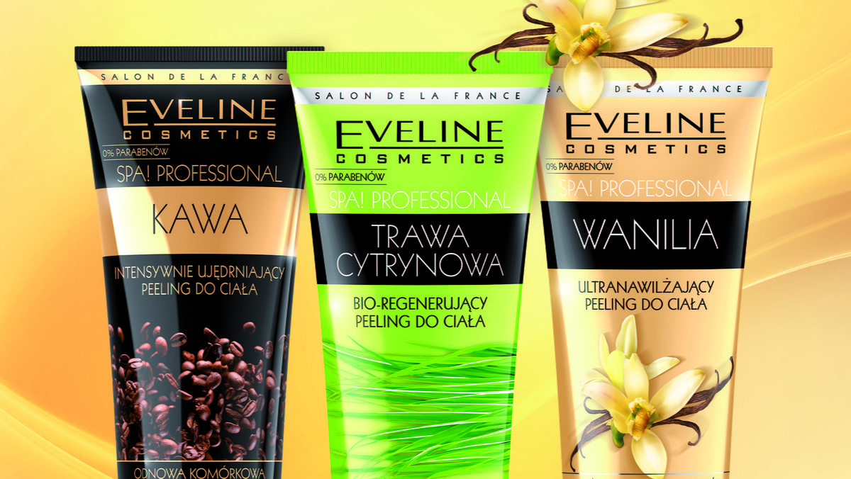 Eveline Cosmetics prezentuje peelingi do ciała: wanilia, trawa cytrynowa i kawa z serii Spa! Professional. Kosmetyki mają kolejno właściwości: ultranawilżające, bio-regenerujące i ujędrniające, dzięki czemu stopy stają się odżywione, miękkie w dotyku i zadbane.