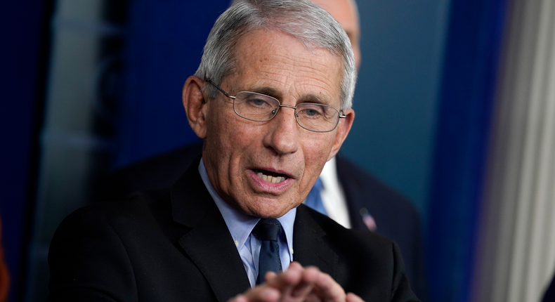 Dr. Anthony Fauci, director of the National Institute of Allergy and Infectious Diseases, speak during a press briefing with the coronavirus task force, at the White House, Tuesday, March 17, 2020, in Washington. (AP Photo/Evan Vucci)