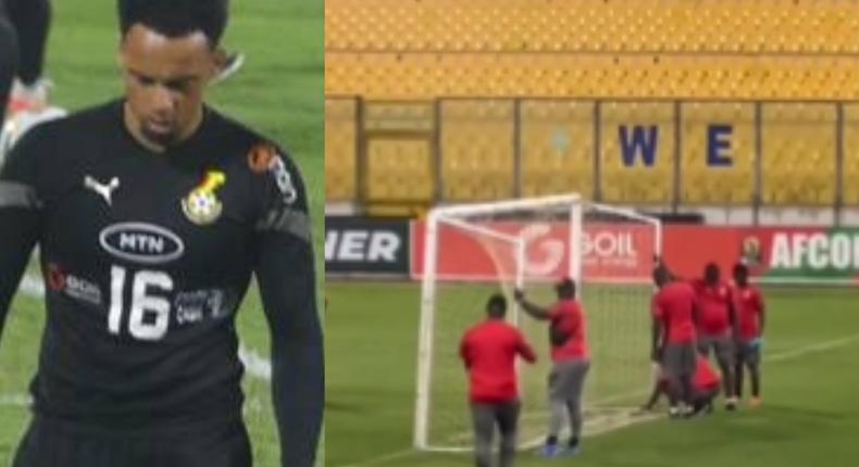 Video: Macho men hold goalpost in Black Stars training to prevent repeat of Wollacott’s injury