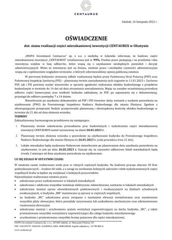 Część mieszkalna Centaurusa ''ukończona w 99 procentach''. Kiedy nabywcy odbiorą swoje nieruchomości?