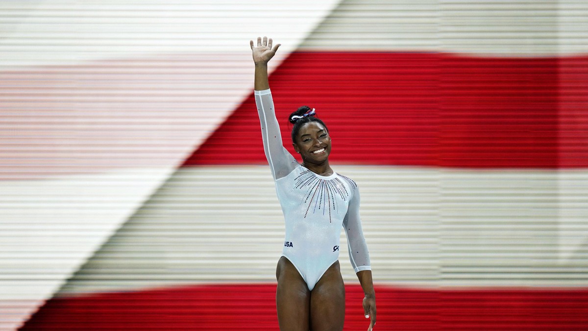 Simone Biles podczas mistrzostw świata w gimnastyce sportowej, Stuttgart, październik 2019 r.