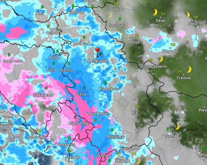 Kretanje padavina danas u 23 časa