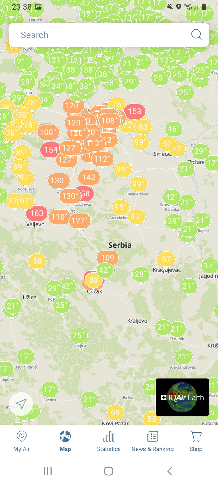 Mapa aplikacije AirVisual o sinoćnom zagađenju vazduha u Srbiji