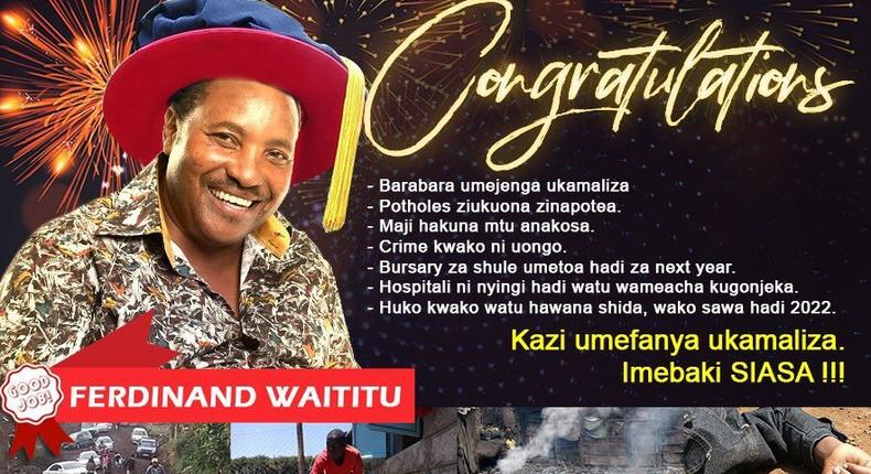 Poster shared on Twitter, trolling Governor Ferdinand Waititu