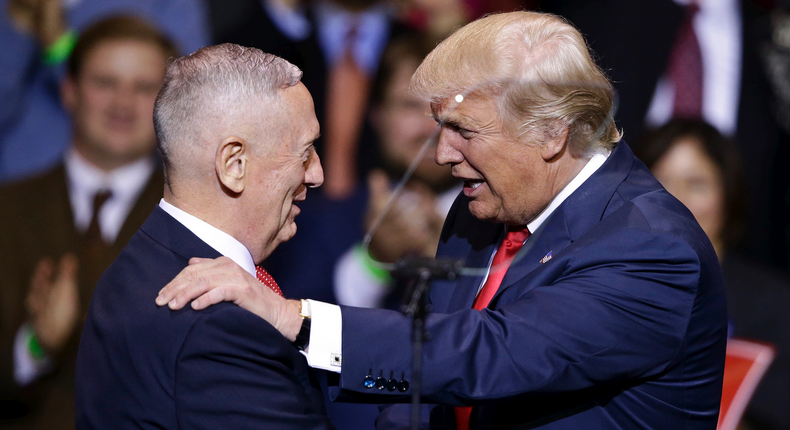 Donald Trump at a rally with James Mattis, his pick for defense secretary.