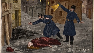 Ilustracja z „Le Petit Parisien z 1891 r. przedstawiająca zbrodnię popełnioną przez Kubę Rozpruwacza w londyńskiej dzielnicy Whitechapel