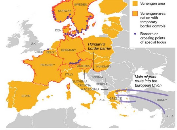 Szlaki migracji z Bliskiego Wschodu. Na pomarańczowo zaznaczono państwa członkowskie strefy Schengen. Czerwony kontur wokół państwa oznacza, że dany kraj wprowadził czasowe kotrole graniczne. Niebieskimi punktami oznaczono te przejścia graniczne, które są poddane specjalnemu nadzorowi.