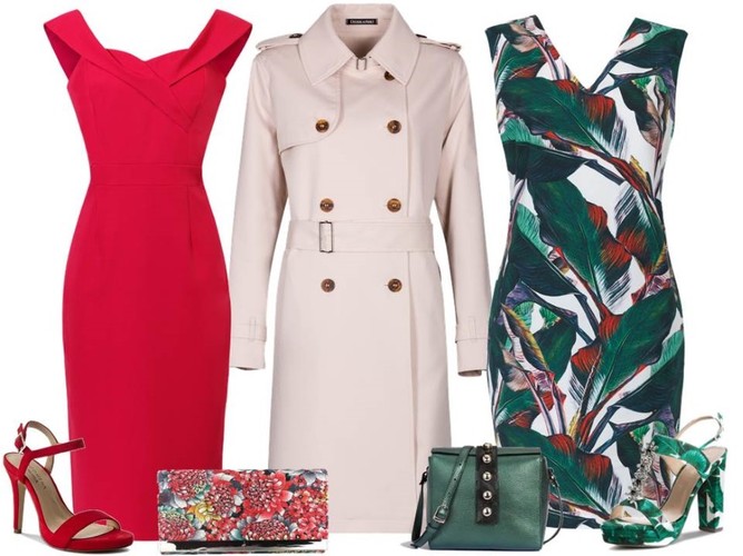 STYLIZACJE na wielkanoc 2019: czerwona sukienka – Grandio/grandio.pl, trencz – Dziekański/dziekanski.pl, wzorzysta sukienka – Cotton Club/cottonclub.pl, czerwone buty – Menbur/menbur.pl, kwiecista kopertówka – Menbur/menbur.pl, zielona torebka – Boca/boca.pl, zielone buty – Menbur/menbur.pl