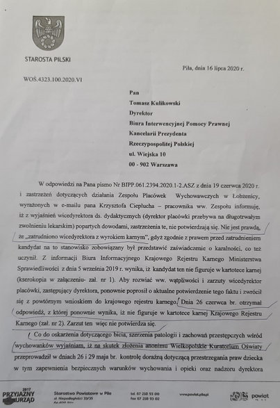 Pismo starosty pilskiego do Kancelarii Prezydenta RP z 16 lipca 2020 r.