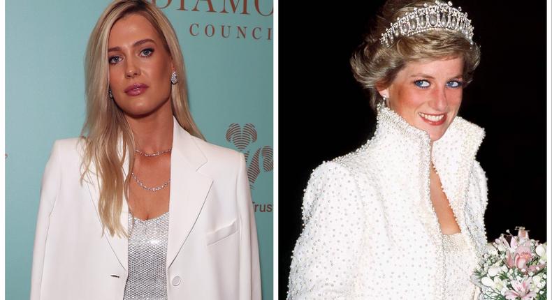 Lady Amelia Spencer, left, is photographed at the Leopard Awards in aid of The Prince's Trust on November 2, 2021, and Princess Diana, right, is photographed in Hong Kong in November 1989.Neil P. Mockford/Getty Images, Tim Graham Photo Library via Getty Images