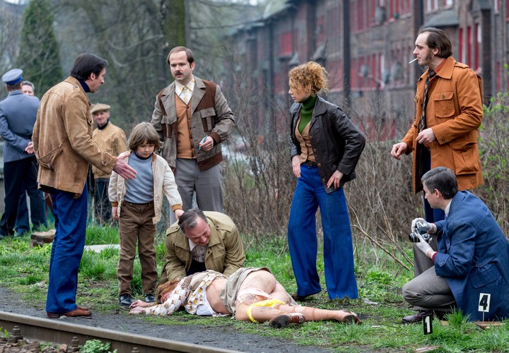 Dariusz Niebudek, Katia Paliwoda, Mirosław Haniszewski i Sławomir Zapała na planie filmowym 'Jestem mordercą'