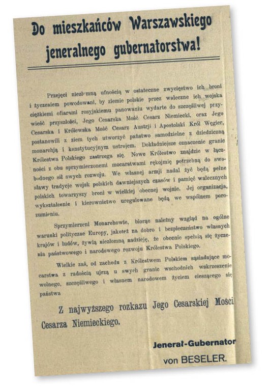 Akt 5 listopada 1916 r. Odezwa Berlina i Wiednia z zapowiedzią utworzenia samodzielnego Królestwa Polskiego fot. Archiwum Panstwowe w Gdańsku