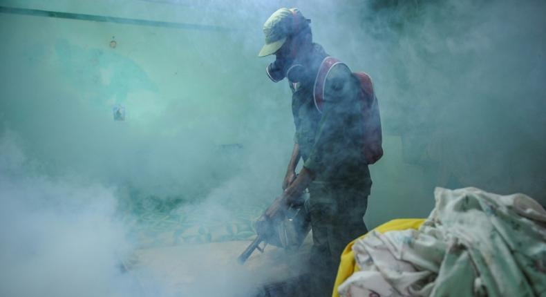 A member of the Cuban army fumigates against the Aedes aegypti mosquito to prevent the spread of Zika, chikungunya and dengue, in Havana, on February 23, 2016