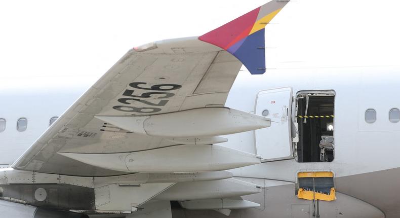 Asiana Airlines' Airbus A321 plane, of which a passenger opened a door on a flight shortly before the aircraft landed, is pictured at an airport in Daegu, South Korea May 26, 2023.Yonhap via REUTERS