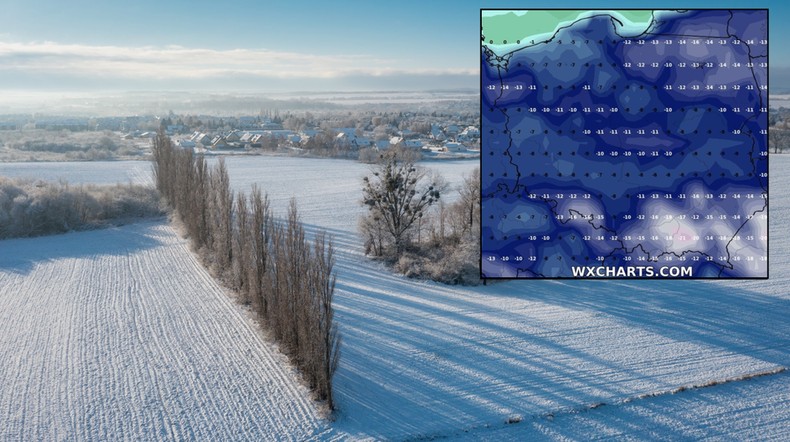 Ta prognoza to nie żart. Temperatura spadnie poniżej -25 st. C! (mapa: wxcharts.com)