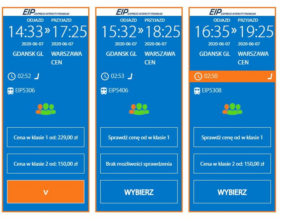 Ceny biletów PKP Intercity na trasie Gdańsk-Warszawa 7 czerwca br. 