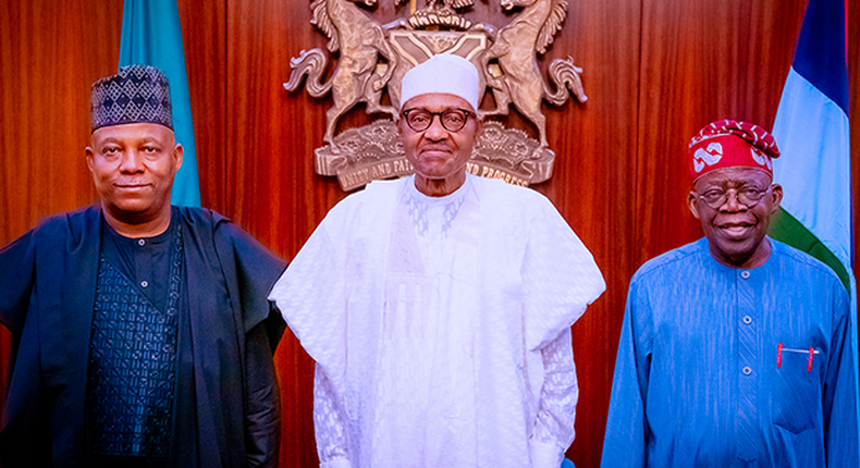 From Left: Vice President-elect, Kashim Shettima, President Muhammadu Buhari and the President-elect, Bola Ahmed Tinubu. [Channels TV]