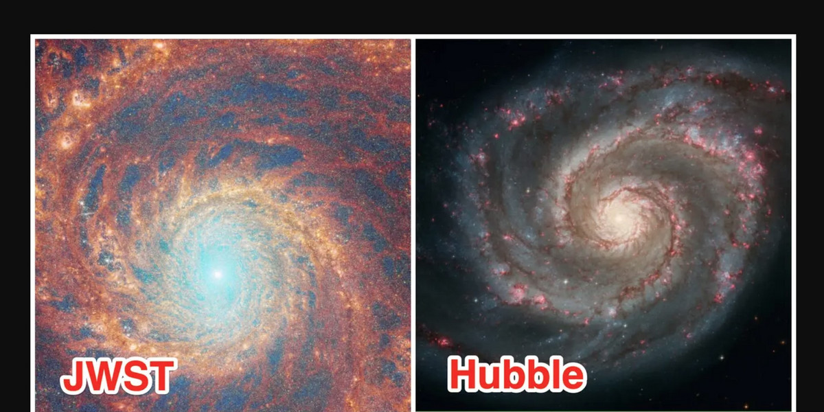Kompozycja przedstawiająca ramiona galaktyki spiralnej M51 widziane z teleskopu Jamesa Webba w 2023 r. i Hubble'a w 2005 r.