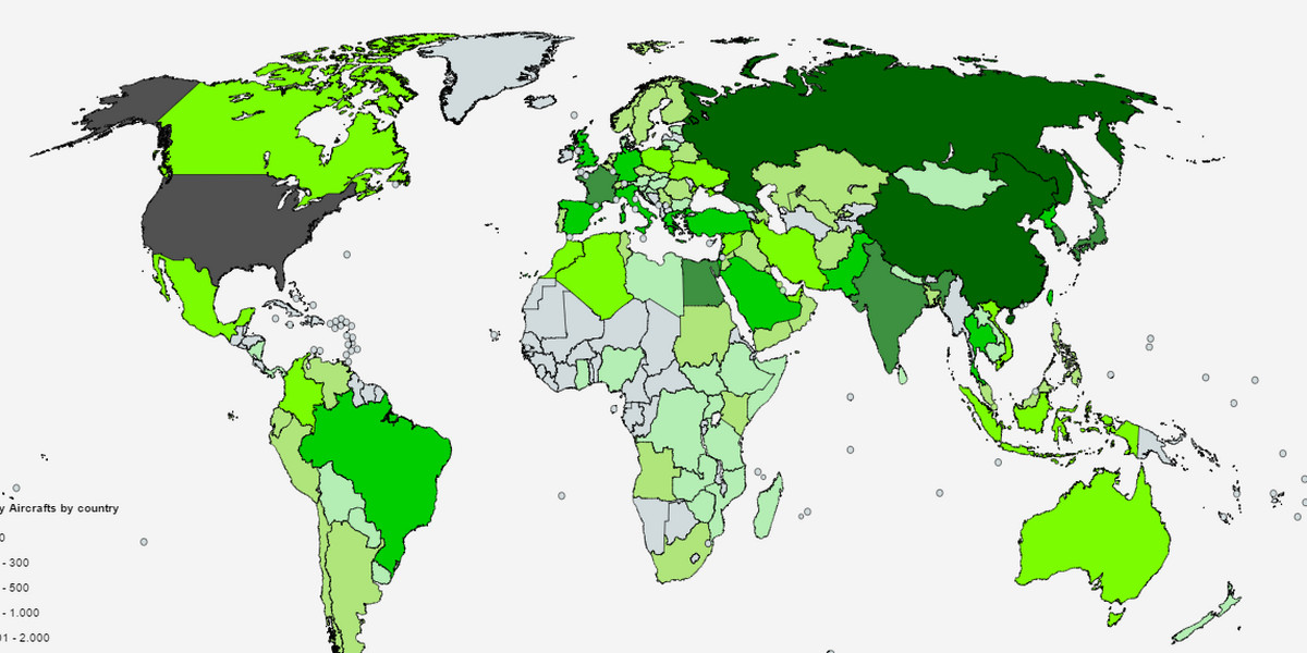 This map shows how many more military aircraft the US has than every other country on earth