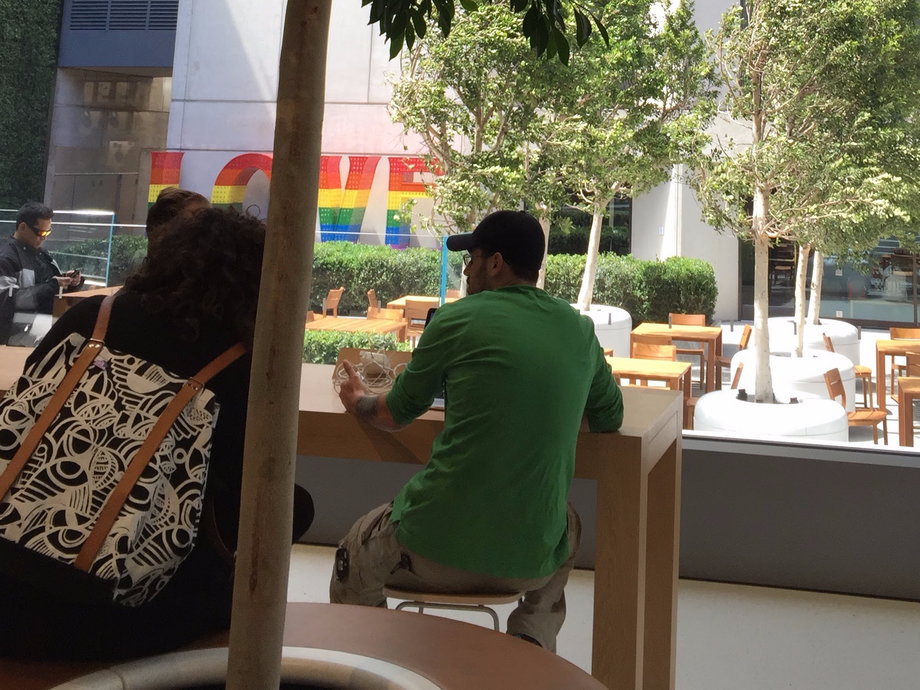 The view of Love from inside the San Francisco Apple Store. Those doors can open and people waiting for repairs can have them done in the courtyard.