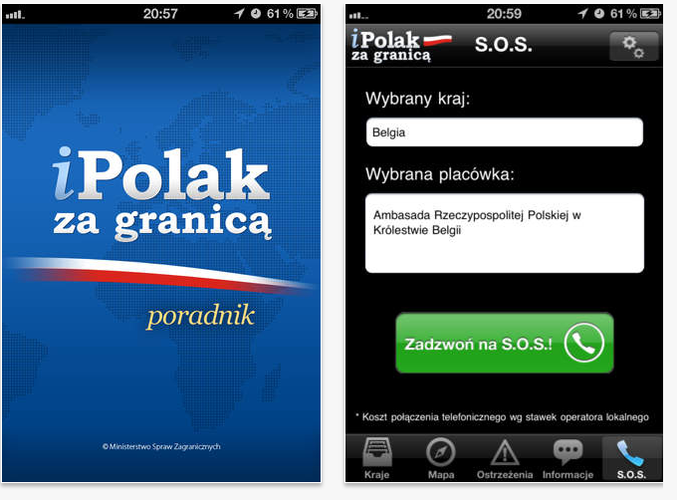 Przygotowana przez Ministerstwo Spraw Zagranicznych aplikacja iPolak to niezbędnik dla każdej osoby udającej się za granicę. Znajdziemy tu dane teleadresowe polskich placówek dyplomatycznych wraz geolokalizacją, opisy krajów, ostrzeżenia MSZ o niebezpieczeństwach na świecie, jak również zestaw niezbędnych informacji potrzebnych w podróży, dotyczących m.in. tego, czy potrzebujemy wizy, jak zadbać o własne bezpieczeństwo i co zrobić w trudnej sytuacji.