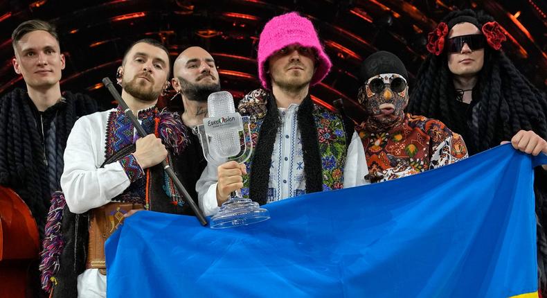 Kalush Orchestra from Ukraine celebrate after winning the Grand Final of the Eurovision Song Contest in Turin, Italy on May 14, 2022.