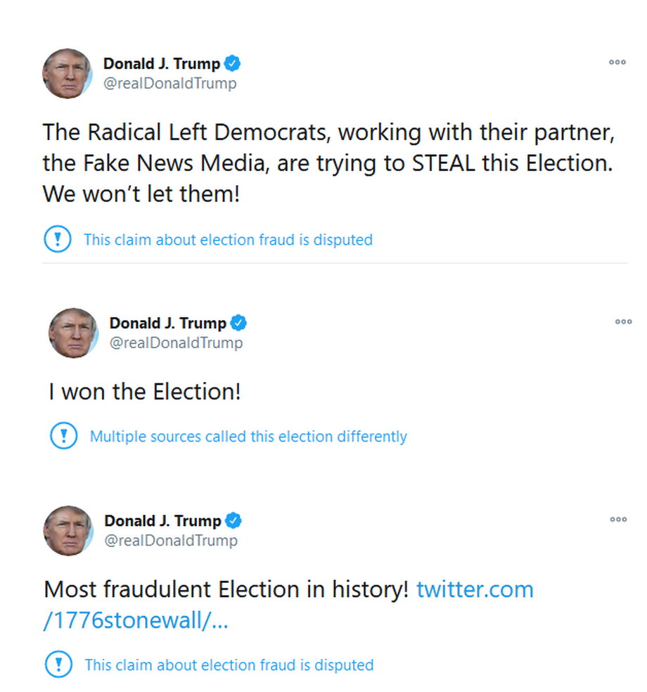 Tak wyglądały wpisy prezydenta Trumpa, które Twitter opatrzył komunikatem