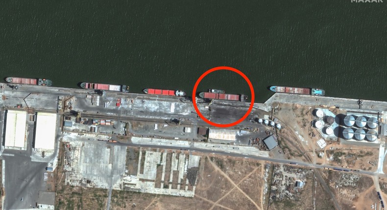 Overview of ships at Port Olya in Russia on September 4.Satellite image 2024 Maxar Technologies.