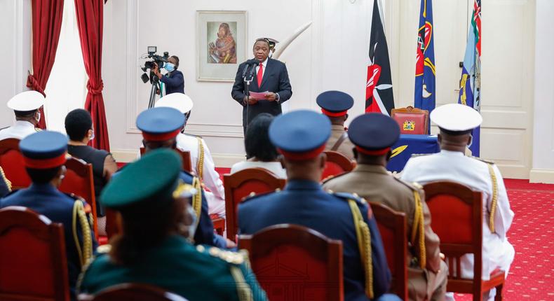 President Uhuru Kenyatta addressing military chiefs at State House during a past meeting