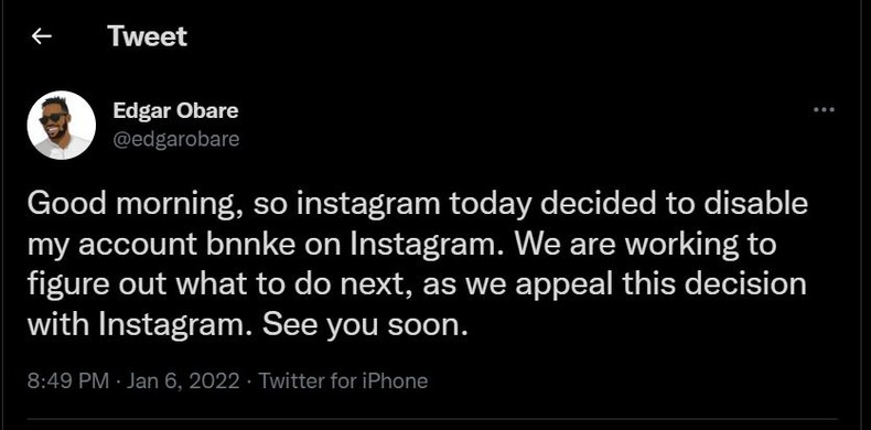 Edgar Obare’s account deactivated by Instagram Management 