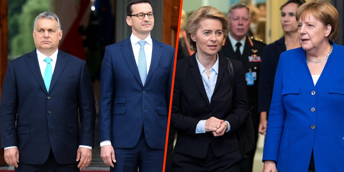 Victor Orban, Mateusz Morawiecki, Ursula von Leyen i Angela Merkel