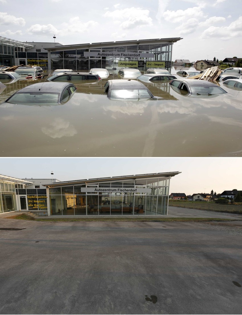 Gornja fotografija: Poplavljeni salon automobila kod Fišerdorfa 7. juna. Donja slika: Isto mesto 22. juna